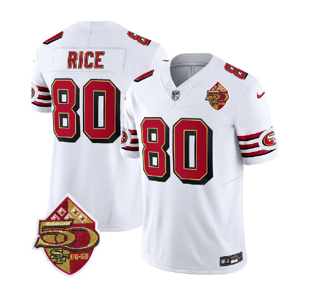 Men's San Francisco 49ers #80 Jerry Rice White 2023 F.U.S.E. 50th Patch Throwback Football Stitched Jersey